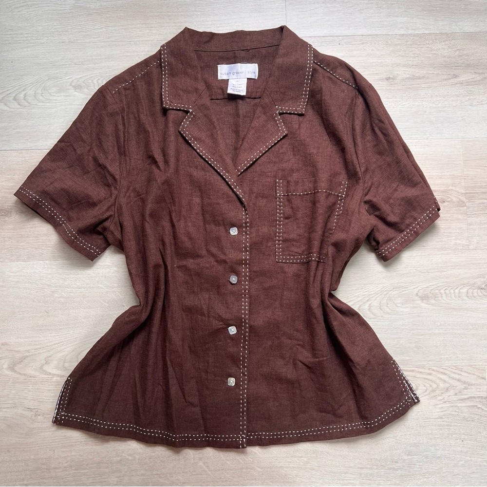 Brown linen Button Down Shirt with unique stitching